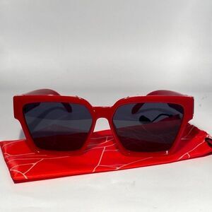 Bold Oversized Sunglasses Red Frame Dark Grey Lenses Gold Detail New